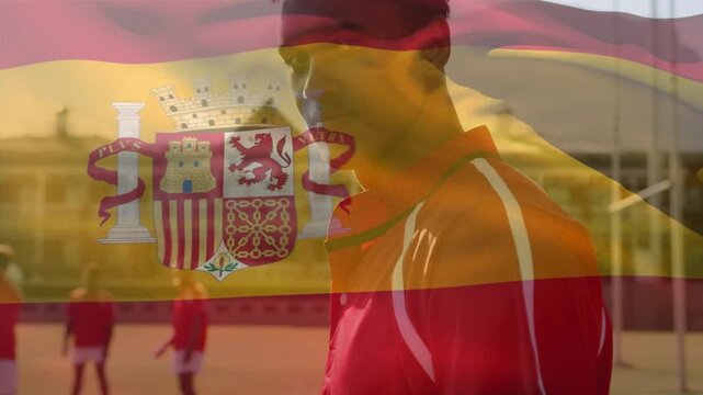 Animation of flag of spain over diverse rugby players at stadium