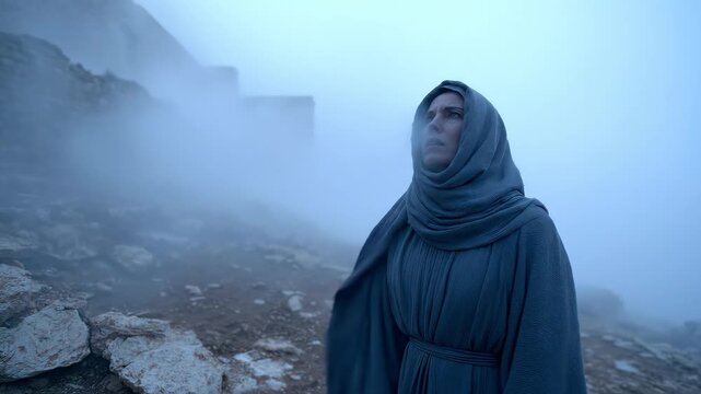 Woman in hooded cloak standing on misty rocky mountain. Foggy landscape with ancient structures. Mysterious outdoor adventure in nature exploration concept.