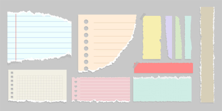 Realistic torn notebook paper set with ripped note sheets, strips and tags, school notebook tear texture elements