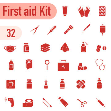 First aid kit icons. A monochrome set of icons dedicated to first aid kits and first aid supplies.