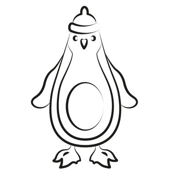 A line drawing of a cute penguin wearing a winter hat.