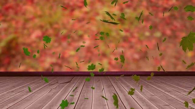 Animation of autumn leaves falling over trees and wooden surface
