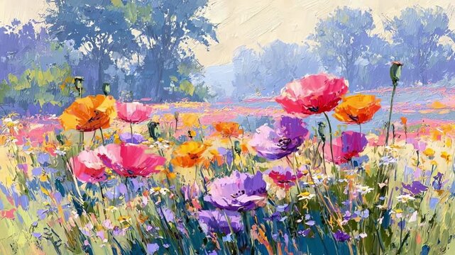 Impressionist Flower Field in Soft Breeze, Colorful Spring Landscape Painting