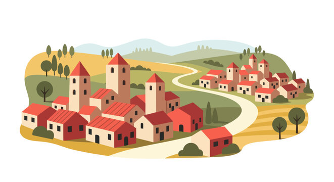 Small town with red roofs clustered.