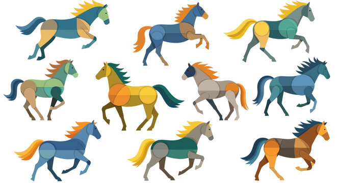 Colorful horses running in motion.