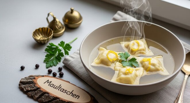 Authentic Swabian Maultaschen German Dumplings in Clear Broth with Earth-Toned Negative Space