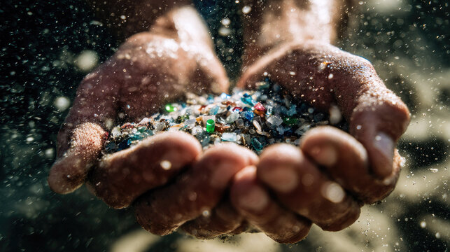 Upcycled plastic ocean waste held in cupped hands showing colorful microplastic fragments and sand particles highlighting environmental impact and sustainability