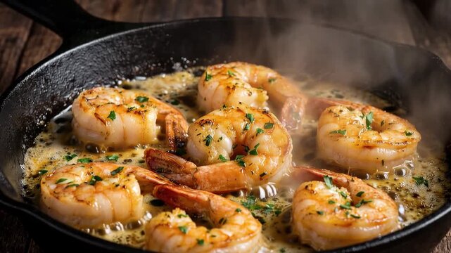 Delicious garlic butter shrimp sizzling in cast iron skillet with fresh herbs and steam rising. Gourmet seafood cooking close-up on rustic wooden table. Perfect healthy dinner recipe.