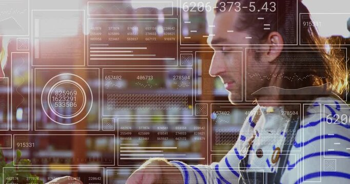 Market customer requesting items, vendor leaning, picking and handing produce while HUD animating