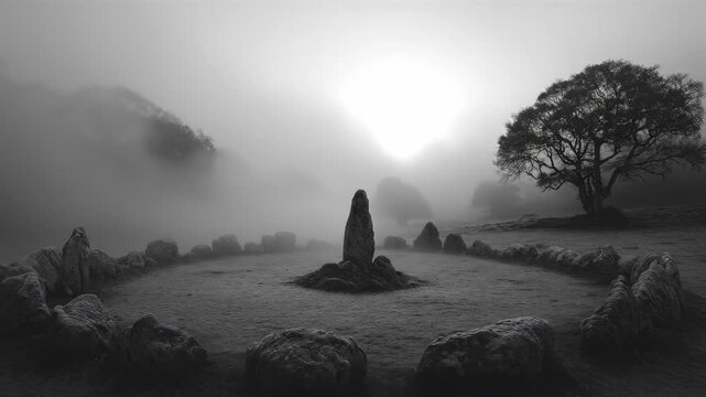 Woman approaching ancient stone circle in misty forest. Mystical ritual sequence with standing stones and fog. Druidic ceremony concept in ethereal landscape.