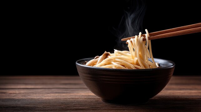 Ramen noodles are lifted with chopsticks, steam flows above, egg and mushroom sit beside in a black bowl on dark wooden table