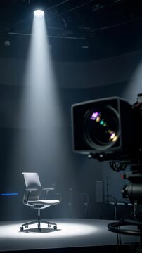 Empty chair interview setup. Studio with broadcast camera and spotlight highlighting seat for news talk show. Vertical video