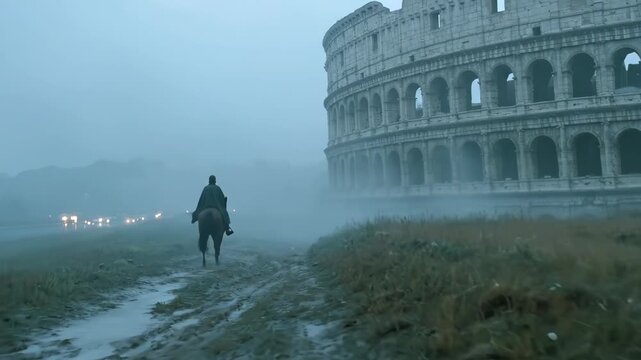 Man on horseback approaching misty Colosseum in Rome. Equestrian rider dismounts and walks with horse toward ancient Roman arena in foggy evening atmosphere.