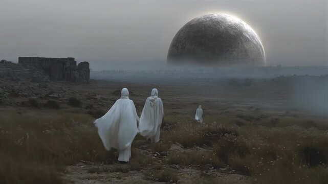 Robed figures walking through foggy ancient ruins under giant moon. Ethereal procession in misty landscape sequence. Surreal journey and atmospheric exploration concept.