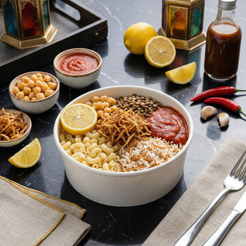 Traditional Egyptian koshary bowl with lentils rice pasta chickpeas and tomato sauce