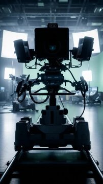 Broadcast television camera on rails at news studio. Professional digital video equipment for movie making and film production. Vertical video