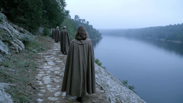 Woman in hooded cloak walking along misty riverside path. Solitary journey in foggy woodland landscape. Mystery adventure and exploration concept