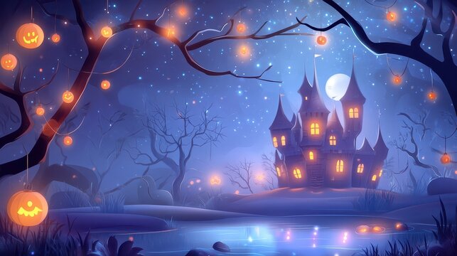 Spooky halloween night reveals castle by pond dark castle silhouette reflects in pond on halloween