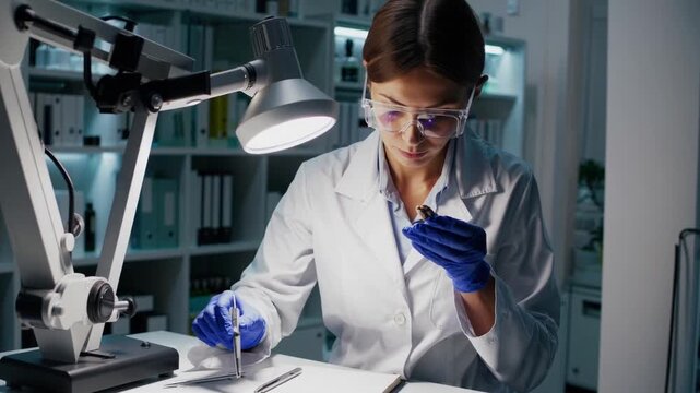 scientist examining vial under lamp with blue gloves and safety goggles, pipette and clipboard on bench, methodical sample handling and documentation in clinical research lab, focused concentration