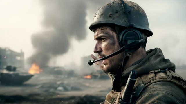 Male war correspondent delivering breaking news report in combat zone with microphone and helmet