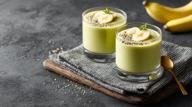 Refreshing Green Smoothie with Banana Slices and Chia Seeds Served in Stylish Glasses on a Rustic Wooden Board with Textured Cloth