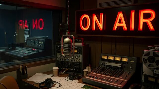 Vintage recording studio with an on air sign, showing radio broadcast equipment and audio mixer ready for a live podcast