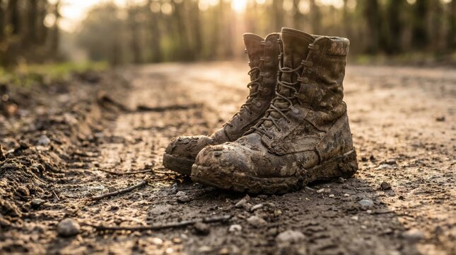Worn military-style boots on a dirt path in soft sunlight