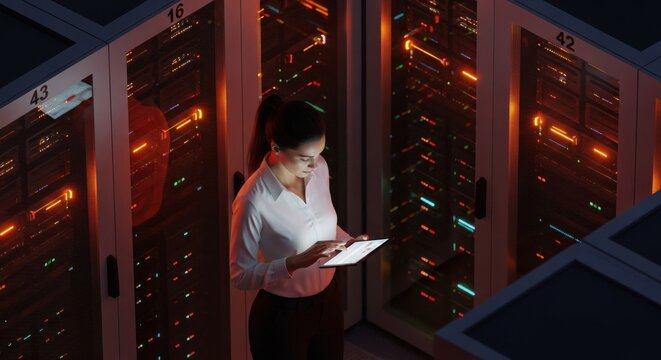 Female IT Engineer Using Tablet in Modern Data Center Server Room for Cyber Security and Cloud Computing Network Management