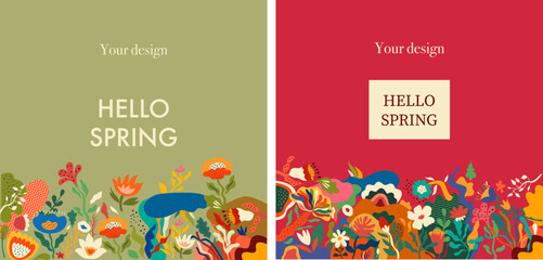 Hello spring design. Flower backgrounds. Package and cards design