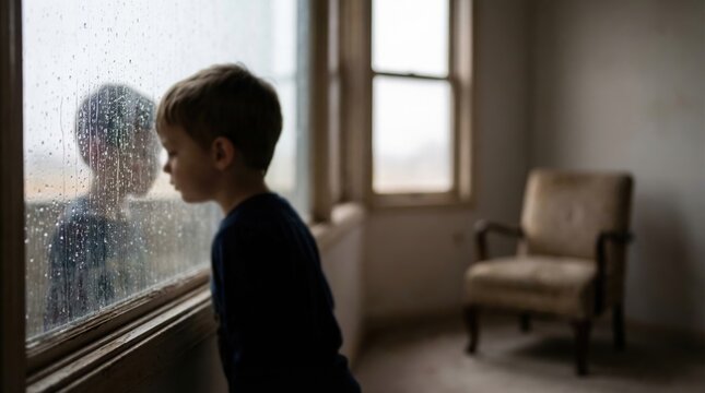 Young boy gazing out of a rain-streaked window in a quiet room
