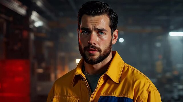 Man in yellow work jacket in industrial setting