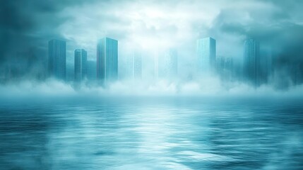 Fototapeta premium City rises from ocean depths under dark foreboding sky architectural emerges from deep sea ominous sky