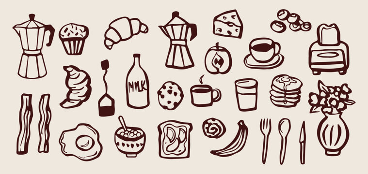 Breakfast food and coffee doodle set, morning cafe icons hand drawn, croissant milk and coffee mug sketches, kitchen cooking ingredients outline collection, tasty bakery items vector icons, healthy br