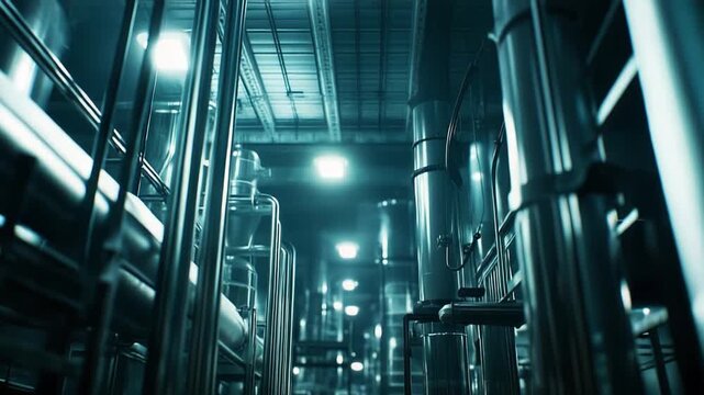 Industrial facility featuring numerous stainless steel pipes, tanks, and machinery components, illustrating manufacturing processes, technology, and engineering in a dimly lit environment