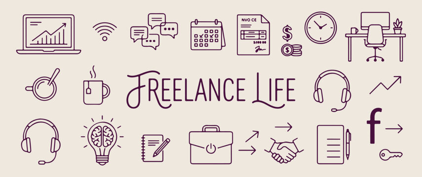 Freelance life and business icons, hand drawn remote work doodle, digital nomad lifestyle vector art, freelance career and work balance, business meeting and planning icons, professional freelance lif