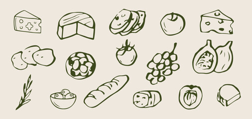 Healthy grocery items, fresh fruit vegetables, bread and cheese, hand drawn food doodles, organic market illustration, kitchen cooking elements, balanced diet sketches © Geetaroy
