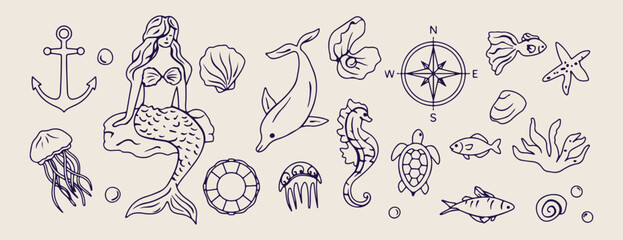 Sea life underwater, dolphin and seahorse, ocean animals pattern, hand drawn marine doodles, nautical beach illustration, summer aquatic elements, sea creature sketches © Geetaroy