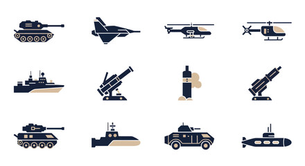 Obraz premium Military Vehicles and Defense Equipment Icon Set Flat Vector Illustrations