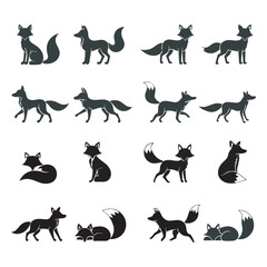 Obraz premium Black and White Fox Silhouette Set, Minimal Wild Animal Vector Icons with Different Poses