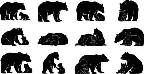 Fototapeta premium Bear and cub silhouette collection showing mother bear caring protecting and playing with baby cub wildlife vector illustration set