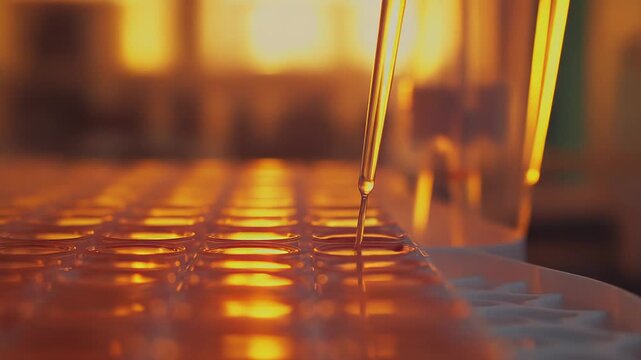 Laboratory pipette accurately dispensing a red liquid into multiple wells on a microplate, illustrating precise scientific experimentation and diagnostic testing