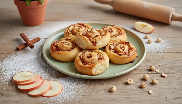 Rustic apple hazelnut rolls with raw ingredients