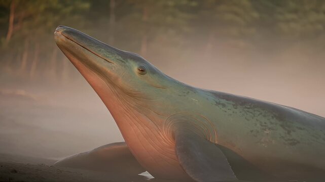 Majestic Whale Surfaces in Misty Ocean Waters, Close-Up Shot