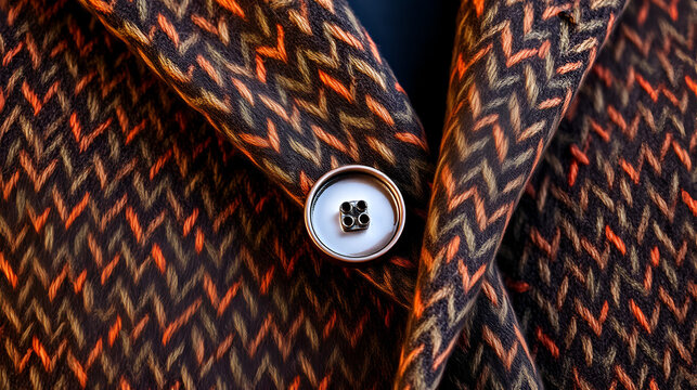 Close up of a tweed jacket's lapel with a visible buttonhole Rustic textured fabric woven with brown green and orange