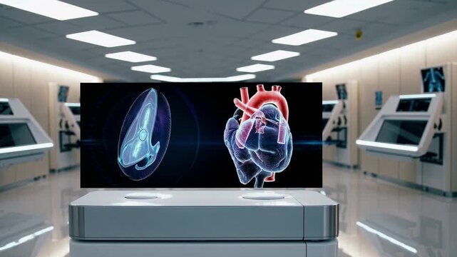Futuristic holographic heart display in surgical lab showing valve and vascular anatomy with clinical monitors, sterile platform, soft LED lighting, surgeon demonstration and researcher annotation