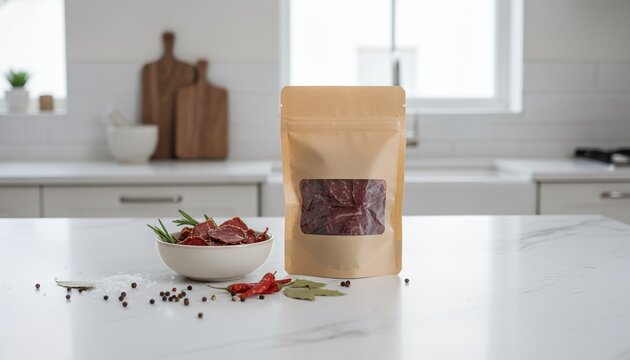 Gourmet biltong in minimal packaging on marble surface