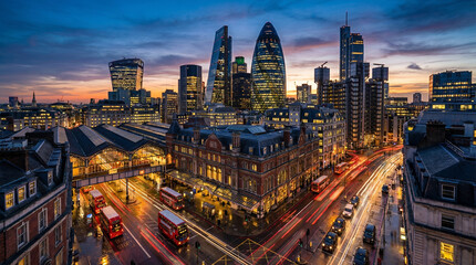Obraz premium City skyline at sunset with busy traffic and illuminated buildings in London