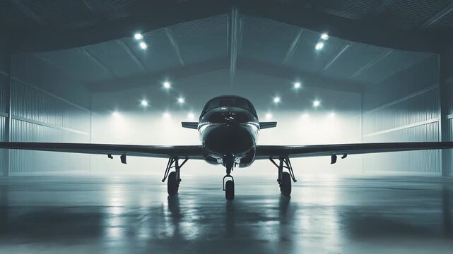 Luxury private jet plane standing ready on the polished floor inside a large, illuminated airport hangar, offering exclusivity and executive travel concepts