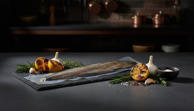Moody dark style smoked fish in unbranded packaging