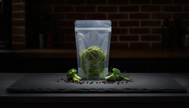 Moody dark-lit vegetable spaghetti in clear packaging